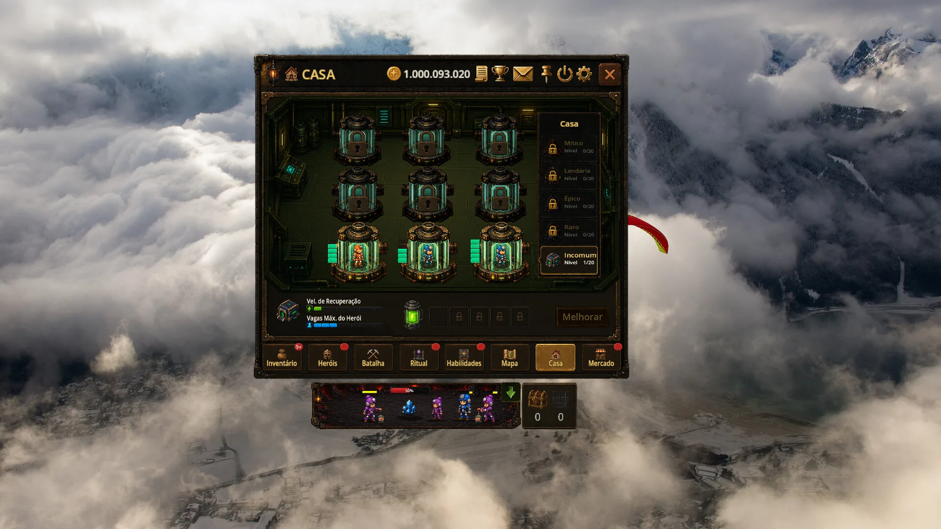 Bomb Farm House screen showing the active squad, hero capsules, and team controls
