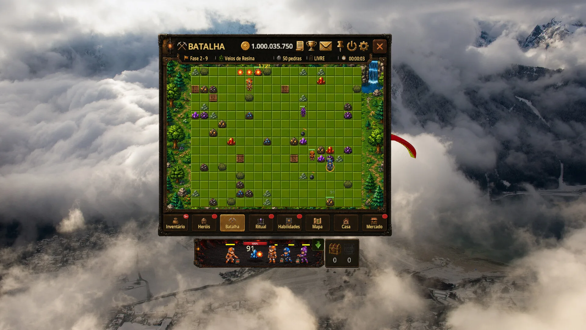 Bomb Farm battle screen with a mining squad, resource counters, grid, and navigation tabs