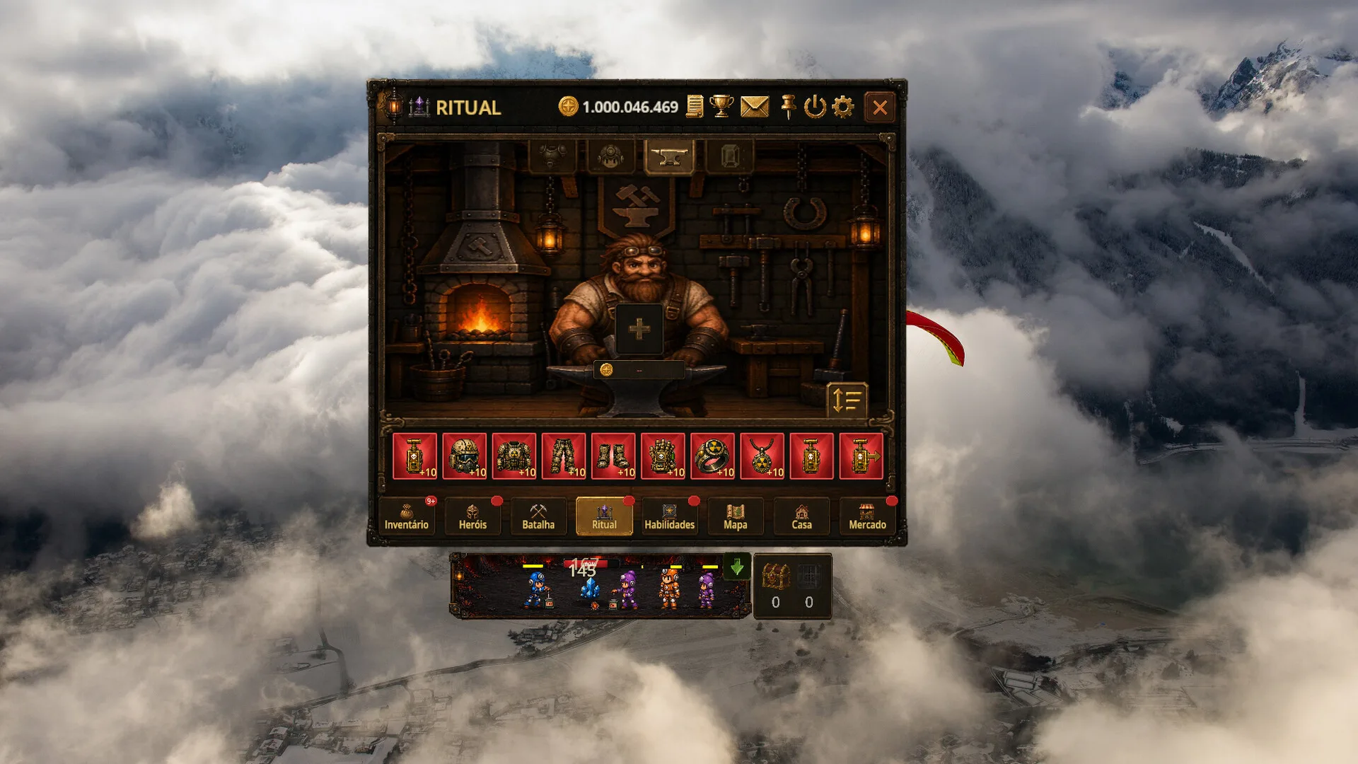 Bomb Farm Forge screen with equipment inventory, item details, and the blacksmith